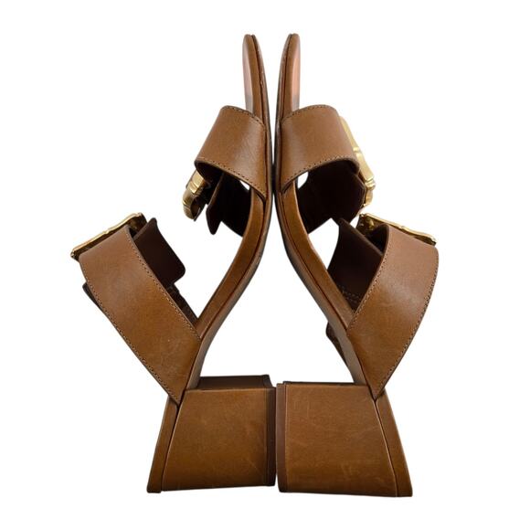 Schutz Enola Mid Block Sandals Womens 8.5 Caramel Brown Leather Gold Tone Buckle - Picture 7 of 10